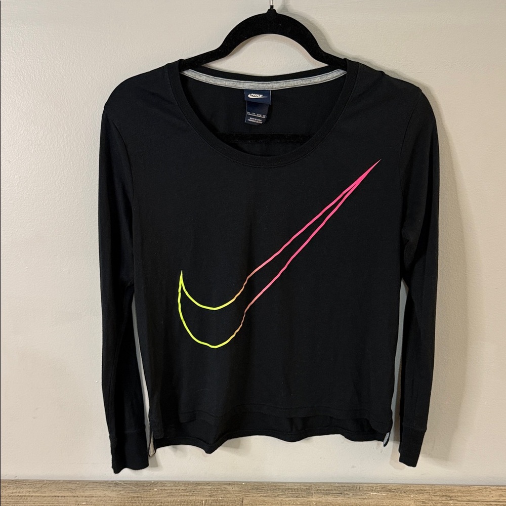 Nike Women's Black Top with Pink and Yellow Swoosh